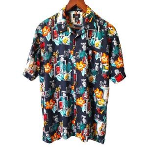 Aloha Shirt Mens Large Multicolor Tiki Hula Girl Ukuleles Short Sleeve Button Up